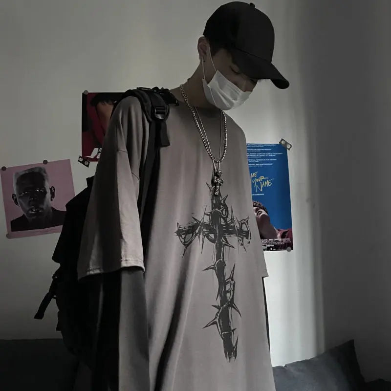 Gothic Style Tshirt Punk Long Sleeve Oversized T-shirt Fake Two-piece Street Fashion Style - Blade & Thread