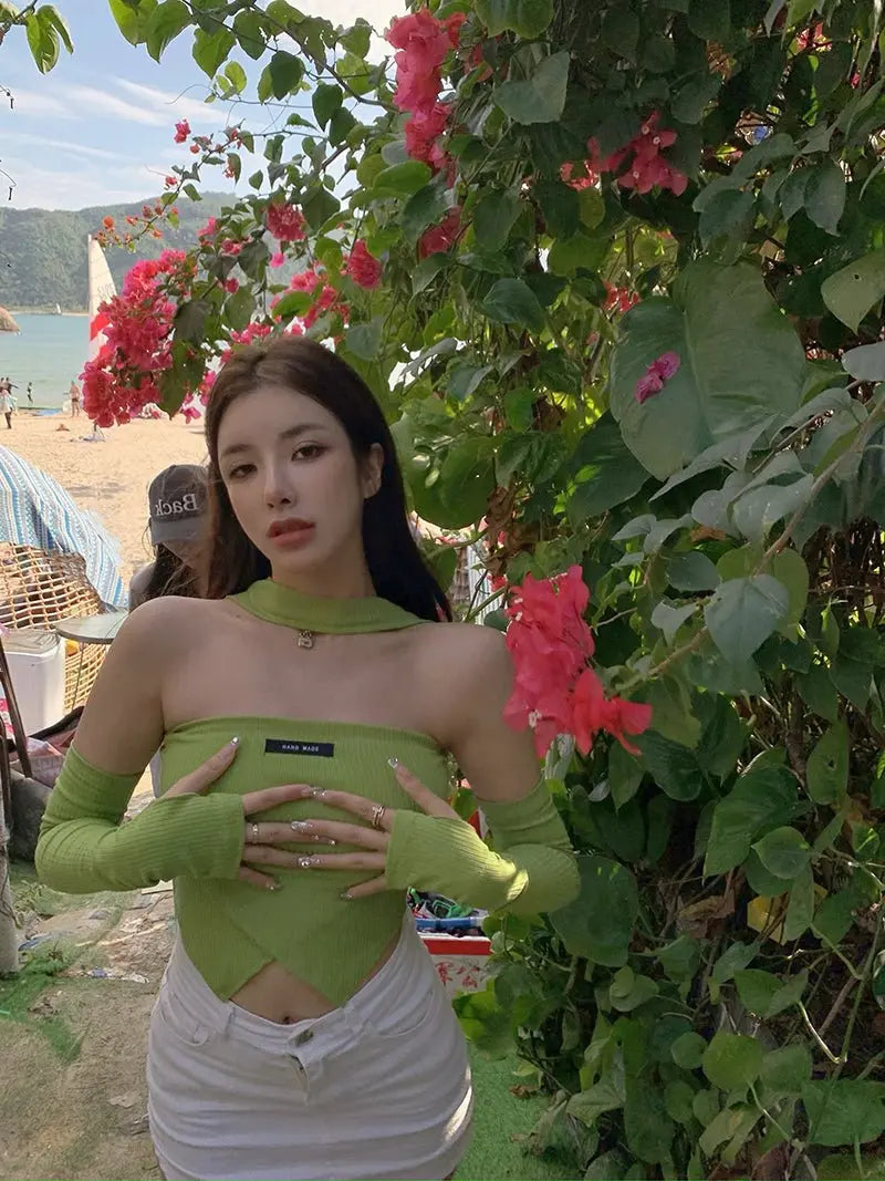Green Halter Sleeveless T-shirts Women Sexy Slim Irregular Long Sleeve Cropped Tops - Blade & Thread