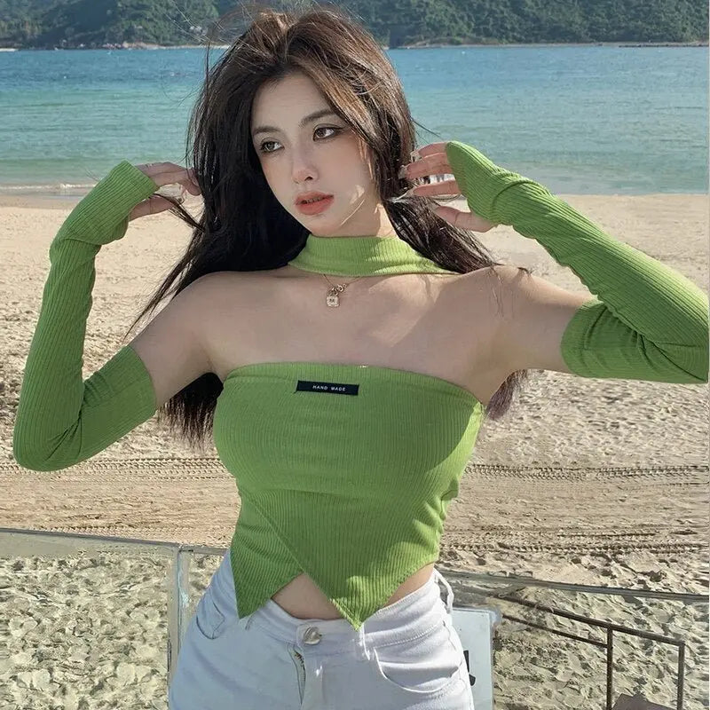 Green Halter Sleeveless T-shirts Women Sexy Slim Irregular Long Sleeve Cropped Tops - Blade & Thread
