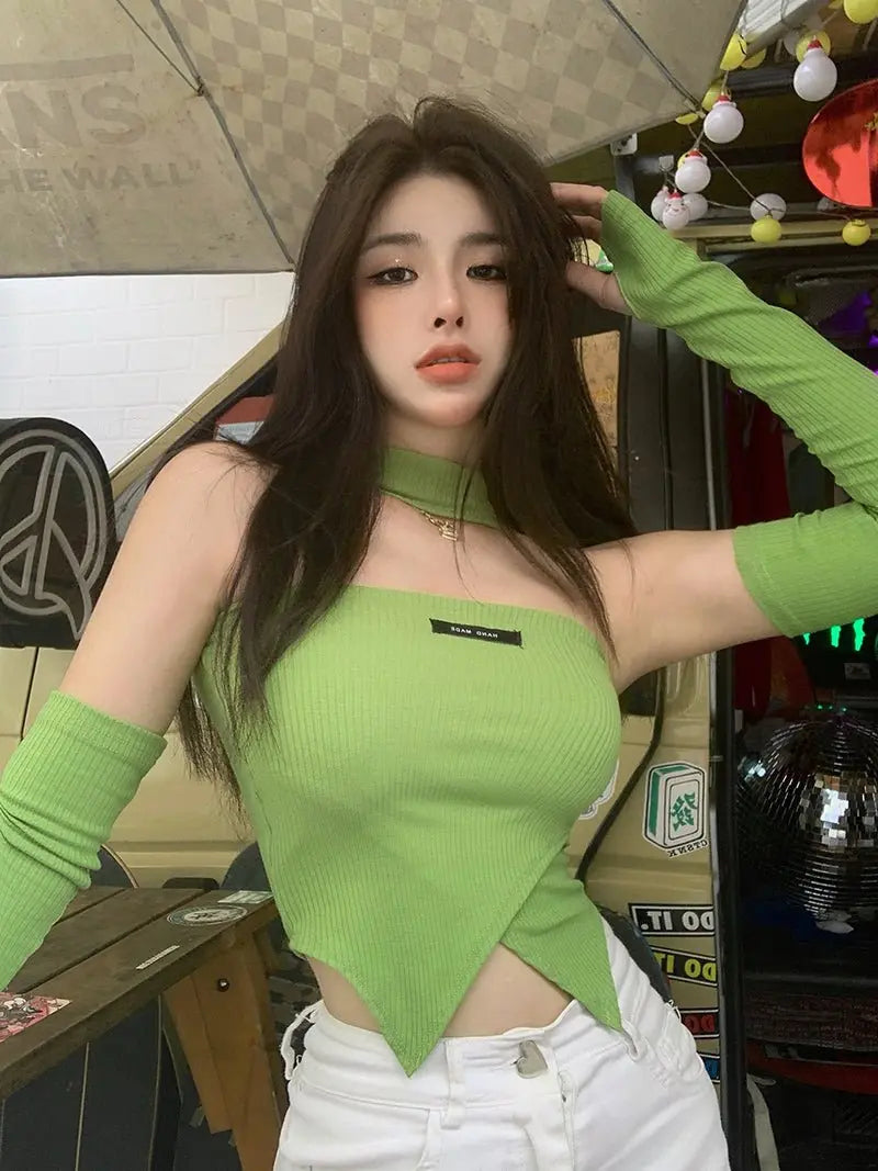 Green Halter Sleeveless T-shirts Women Sexy Slim Irregular Long Sleeve Cropped Tops - Blade & Thread
