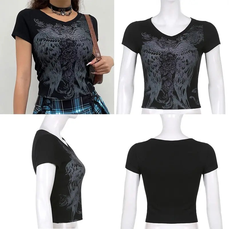 Grunge Tshirts Fairycore Harajuku Graphic Print Gray Cute Casual Tshirts Streetwear Tops - Blade & Thread