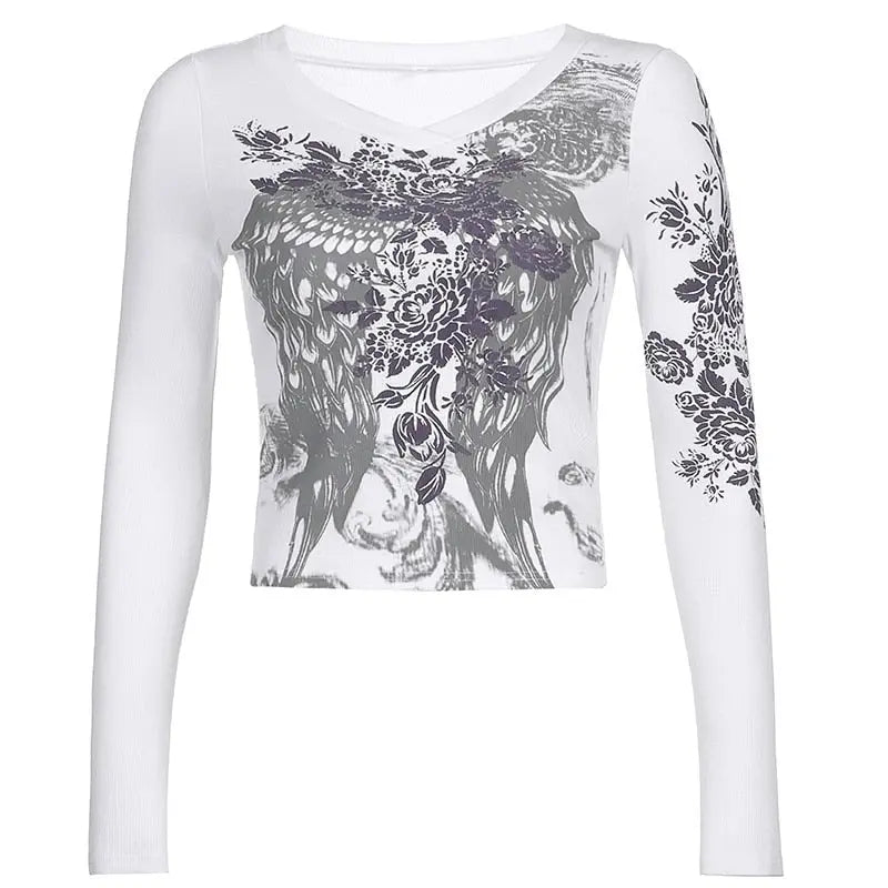 Grunge Tshirts Fairycore Harajuku Graphic Print Gray Cute Casual Tshirts Streetwear Tops - Blade & Thread