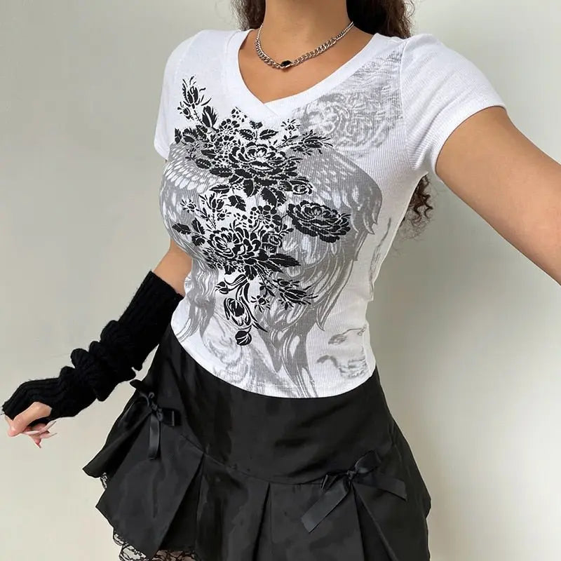 Grunge Tshirts Fairycore Harajuku Graphic Print Gray Cute Casual Tshirts Streetwear Tops - Blade & Thread