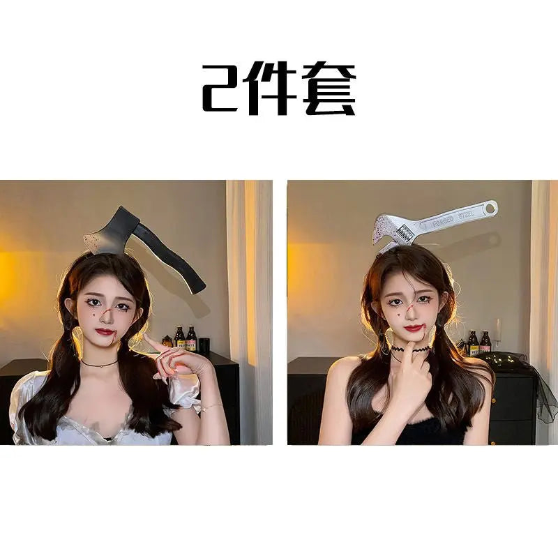 Halloween weird, scary headdress, headband, kitchen knife, wrench, axe, syringe - Blade & Thread