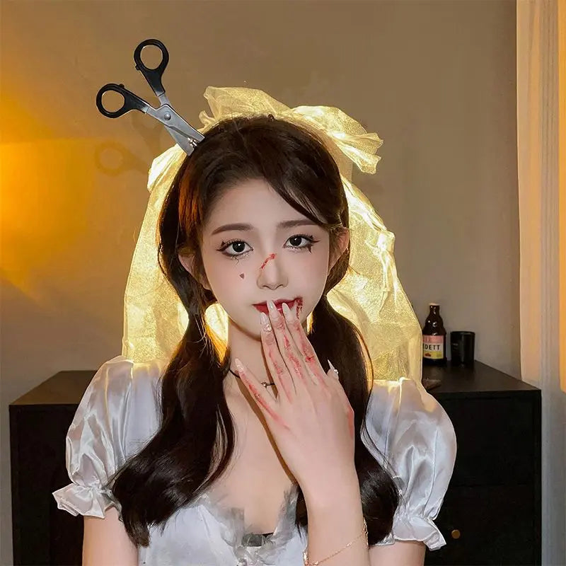 Halloween weird, scary headdress, headband, kitchen knife, wrench, axe, syringe nowadaysfashion