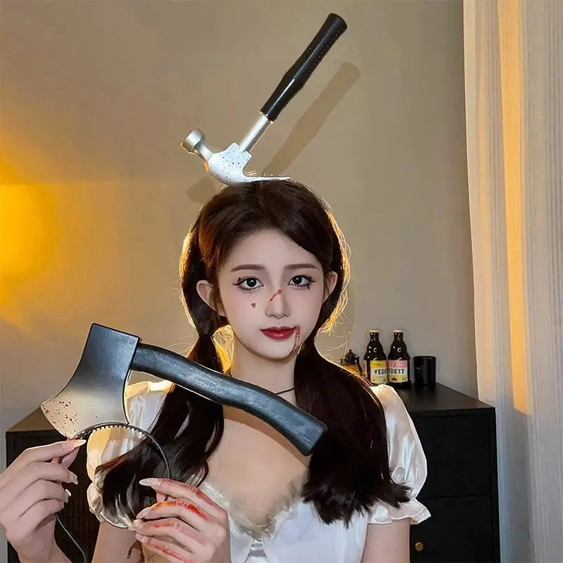 Halloween weird, scary headdress, headband, kitchen knife, wrench, axe, syringe - Blade & Thread