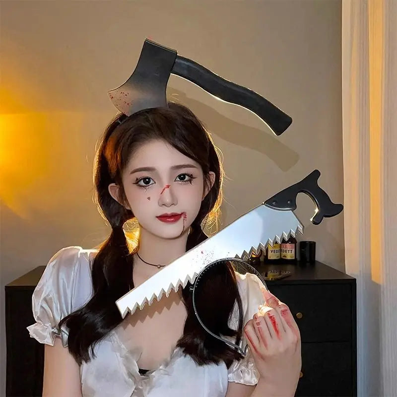Halloween weird, scary headdress, headband, kitchen knife, wrench, axe, syringe nowadaysfashion