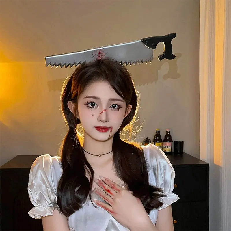 Halloween weird, scary headdress, headband, kitchen knife, wrench, axe, syringe - Blade & Thread