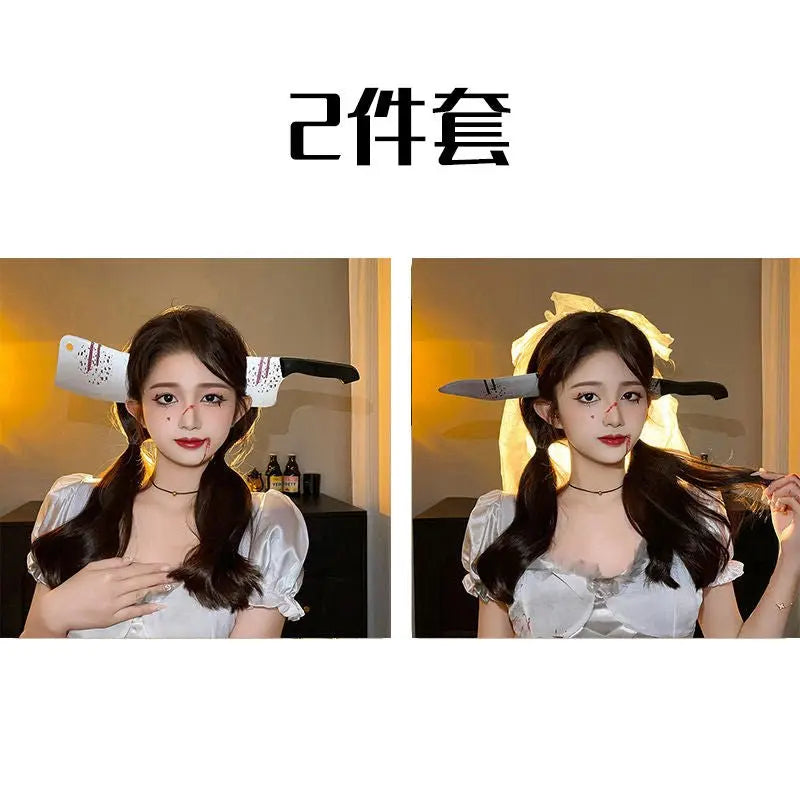Halloween weird, scary headdress, headband, kitchen knife, wrench, axe, syringe nowadaysfashion