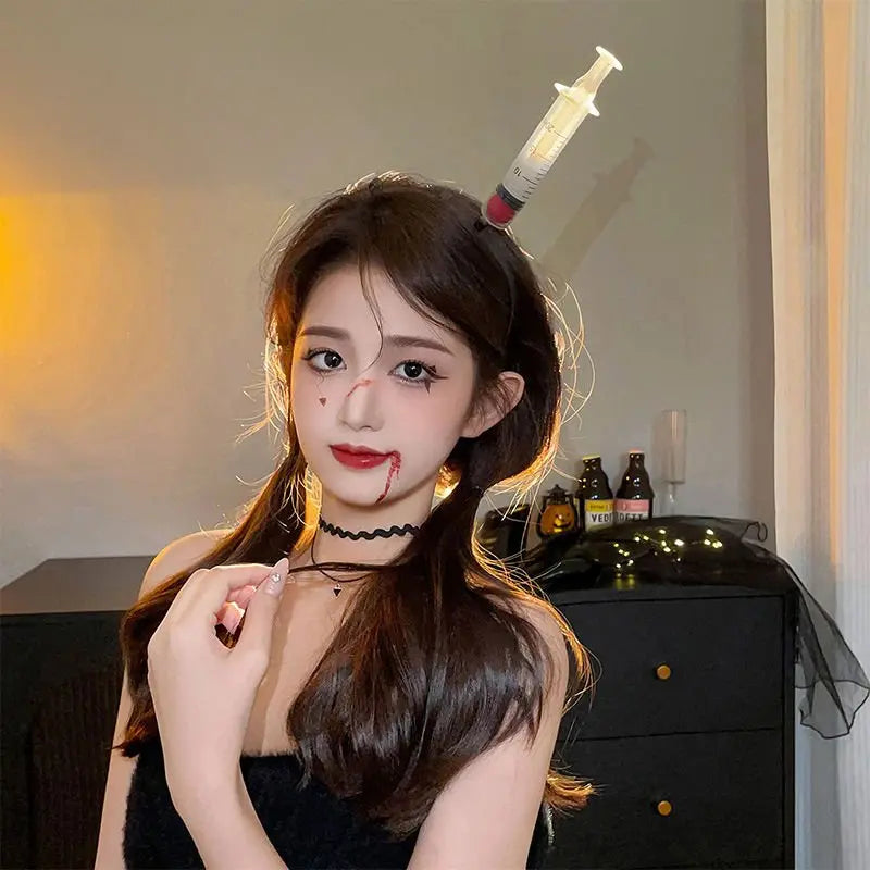 Halloween weird, scary headdress, headband, kitchen knife, wrench, axe, syringe - Blade & Thread