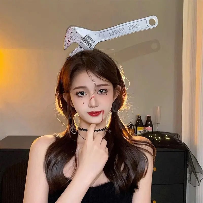 Halloween weird, scary headdress, headband, kitchen knife, wrench, axe, syringe - Blade & Thread