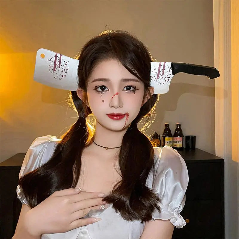 Halloween weird, scary headdress, headband, kitchen knife, wrench, axe, syringe - Blade & Thread