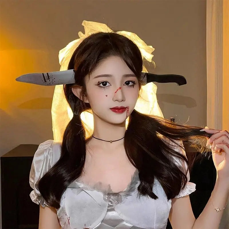 Halloween weird, scary headdress, headband, kitchen knife, wrench, axe, syringe nowadaysfashion