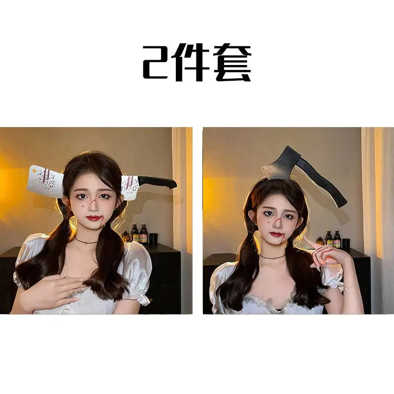 Halloween weird, scary headdress, headband, kitchen knife, wrench, axe, syringe - Blade & Thread