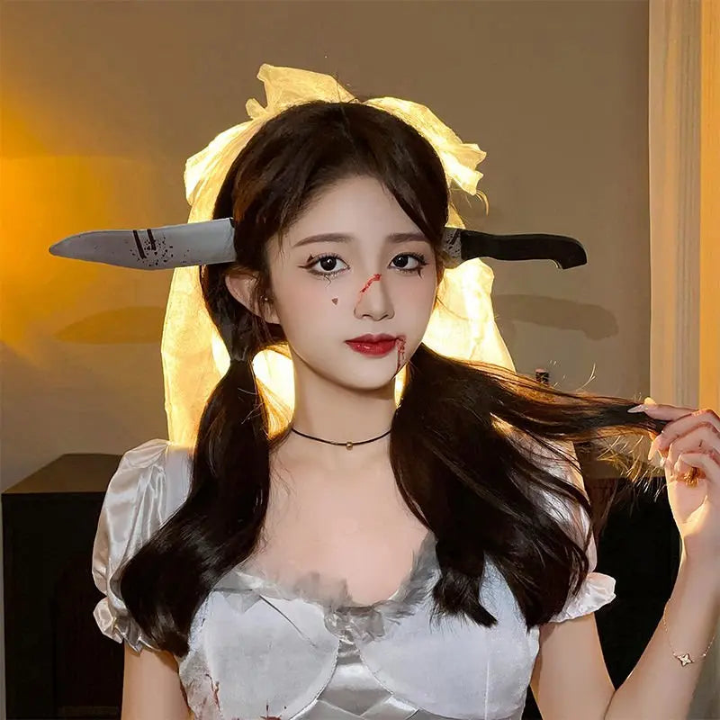 Halloween weird, scary headdress, headband, kitchen knife, wrench, axe, syringe nowadaysfashion