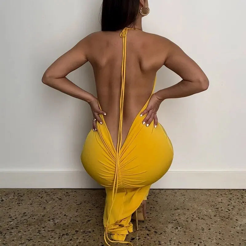 Halter Bandage Sleeveless Backless Shirring Draped Maxi Dress Sexy Streetwear - Blade & Thread