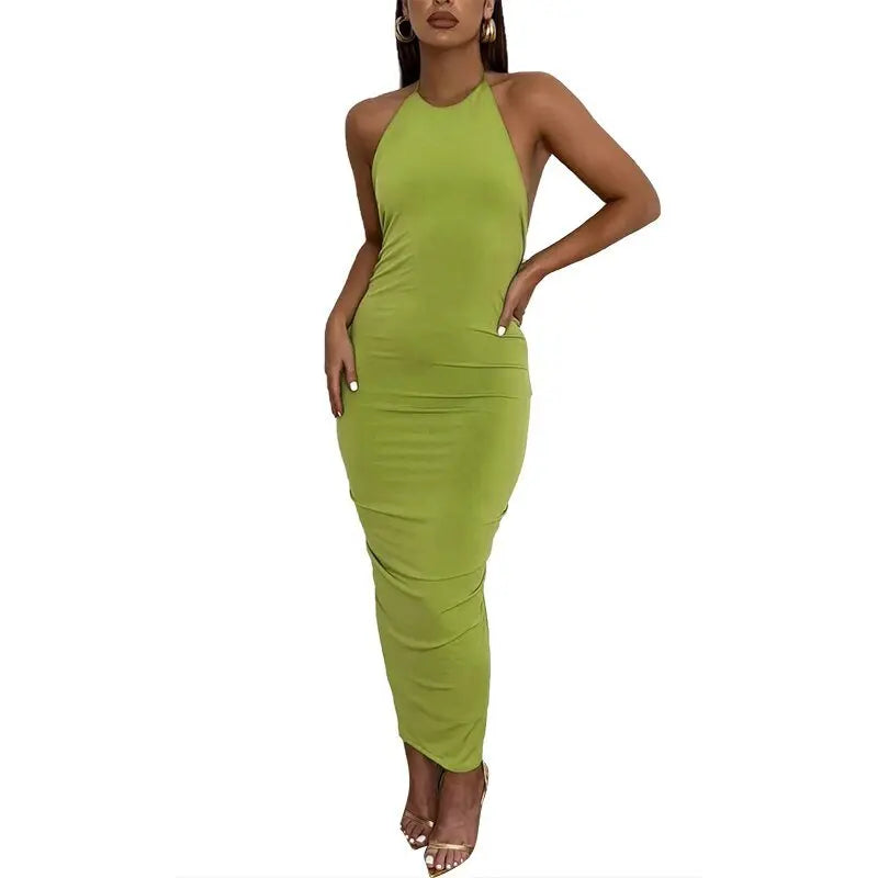 Halter Bandage Sleeveless Backless Shirring Draped Maxi Dress Sexy Streetwear - Blade & Thread