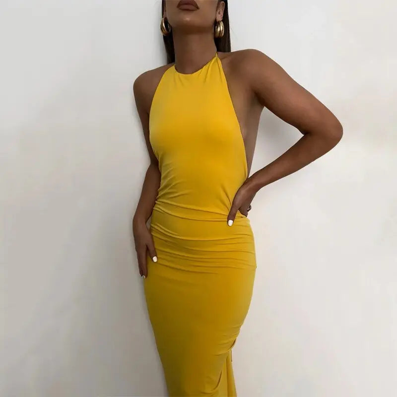 Halter Bandage Sleeveless Backless Shirring Draped Maxi Dress Sexy Streetwear - Blade & Thread