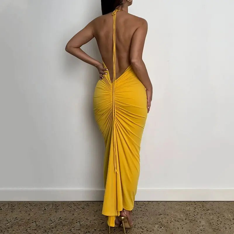 Halter Bandage Sleeveless Backless Shirring Draped Maxi Dress Sexy Streetwear - Blade & Thread