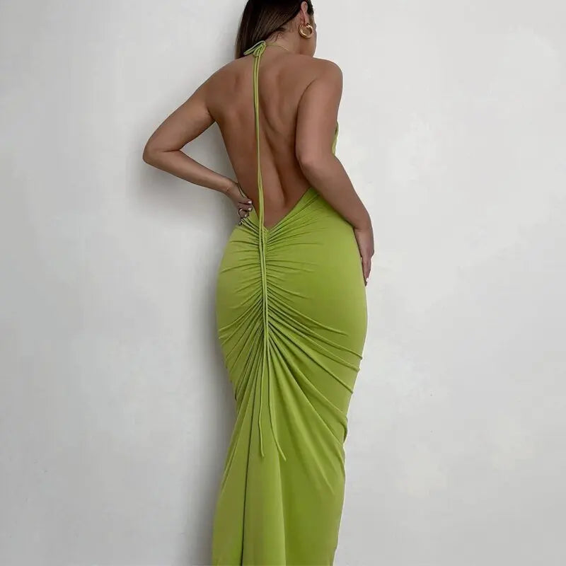 Halter Bandage Sleeveless Backless Shirring Draped Maxi Dress Sexy Streetwear - Blade & Thread