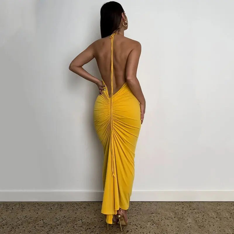 Halter Bandage Sleeveless Backless Shirring Draped Maxi Dress Sexy Streetwear - Blade & Thread
