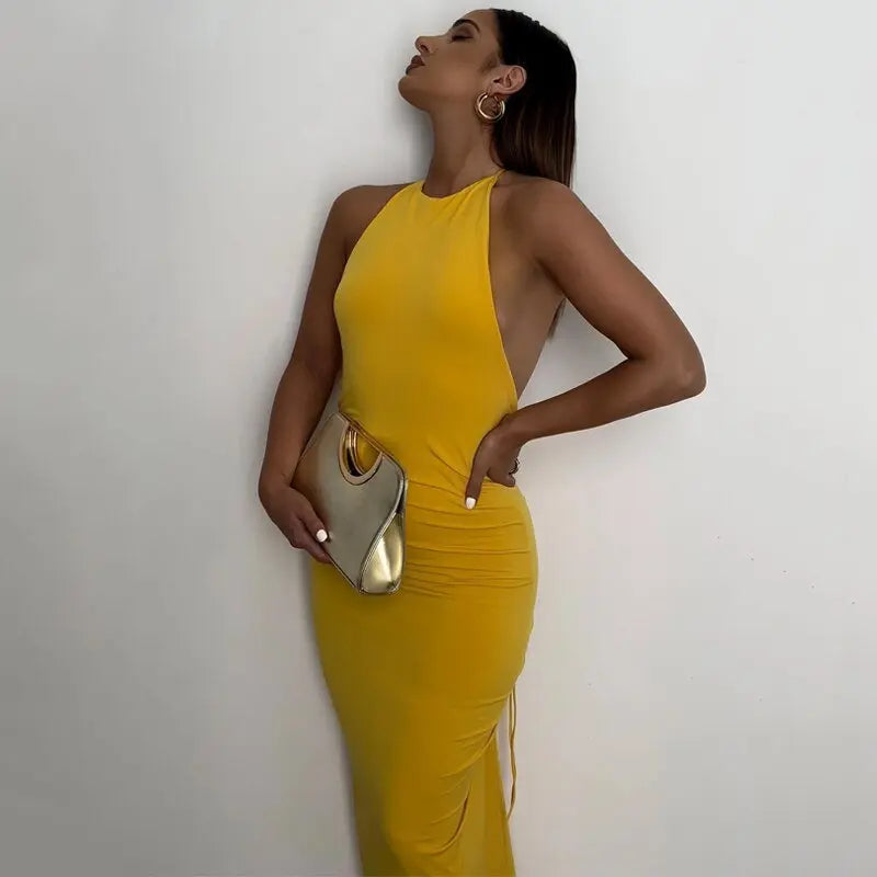 Halter Bandage Sleeveless Backless Shirring Draped Maxi Dress Sexy Streetwear - Blade & Thread