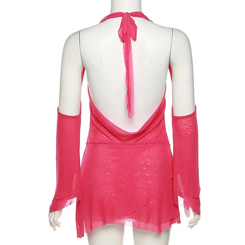 Halter Long Sleeves Irregular Draped Mini Dress nowadaysfashion
