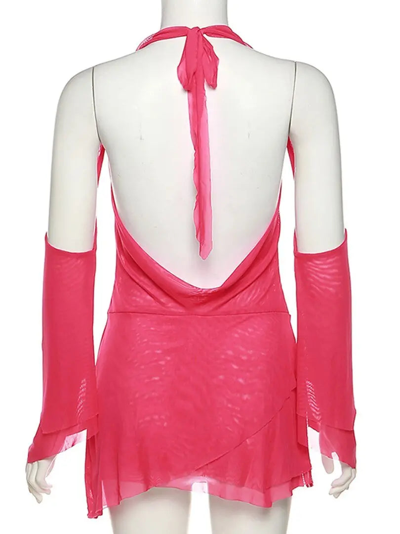Halter Long Sleeves Irregular Draped Mini Dress nowadaysfashion