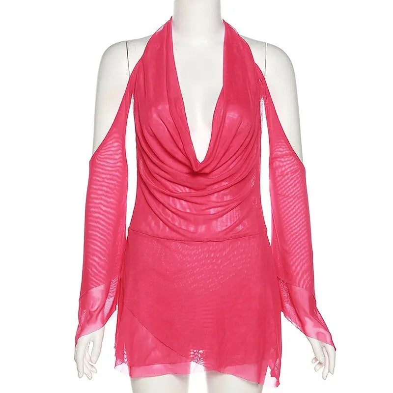 Halter Long Sleeves Irregular Draped Mini Dress - Blade & Thread