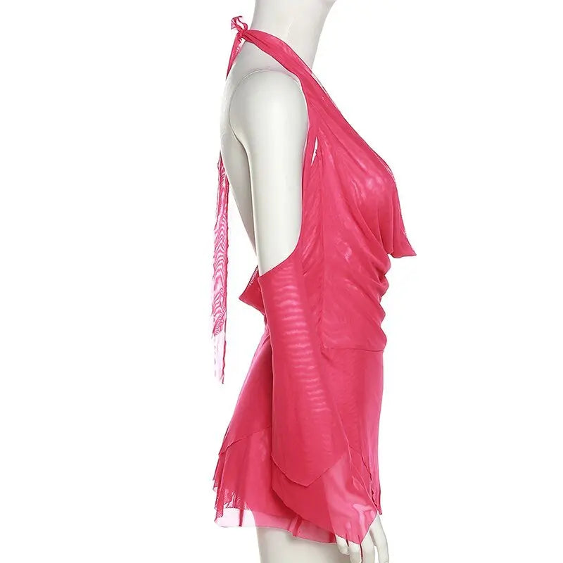 Halter Long Sleeves Irregular Draped Mini Dress - Blade & Thread