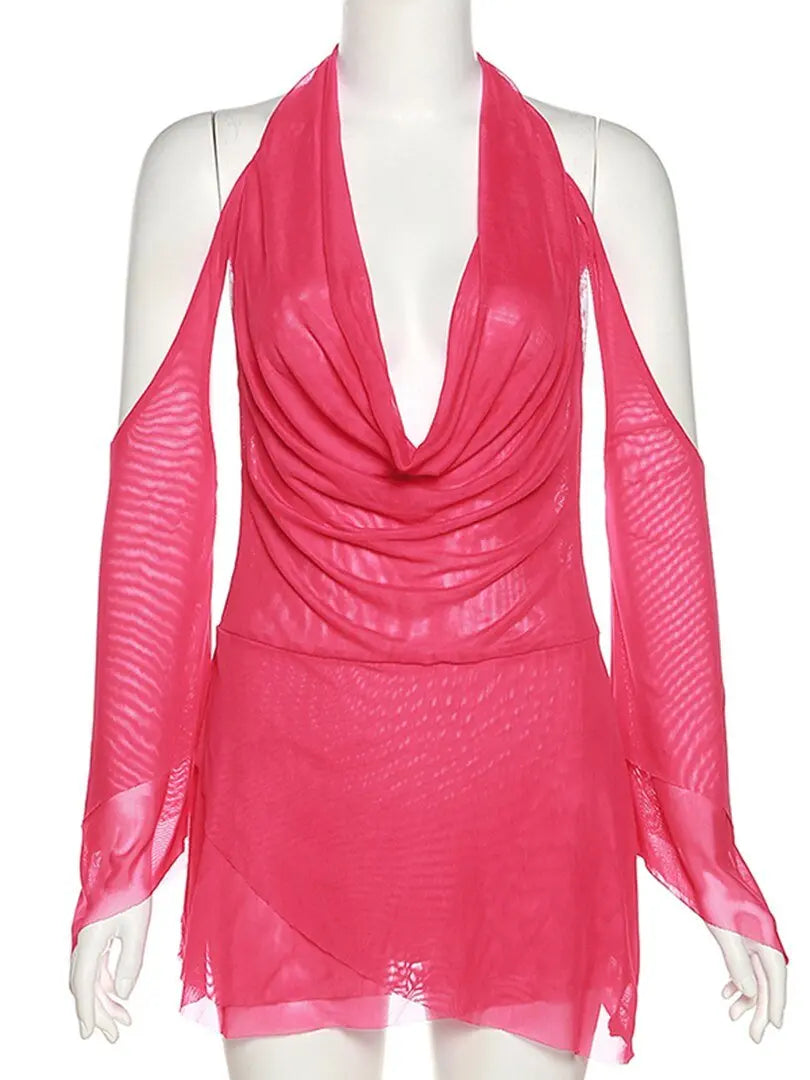 Halter Long Sleeves Irregular Draped Mini Dress - Blade & Thread