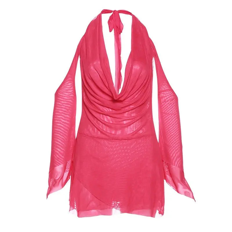 Halter Long Sleeves Irregular Draped Mini Dress - Blade & Thread