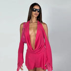 Halter Long Sleeves Irregular Draped Mini Dress nowadaysfashion