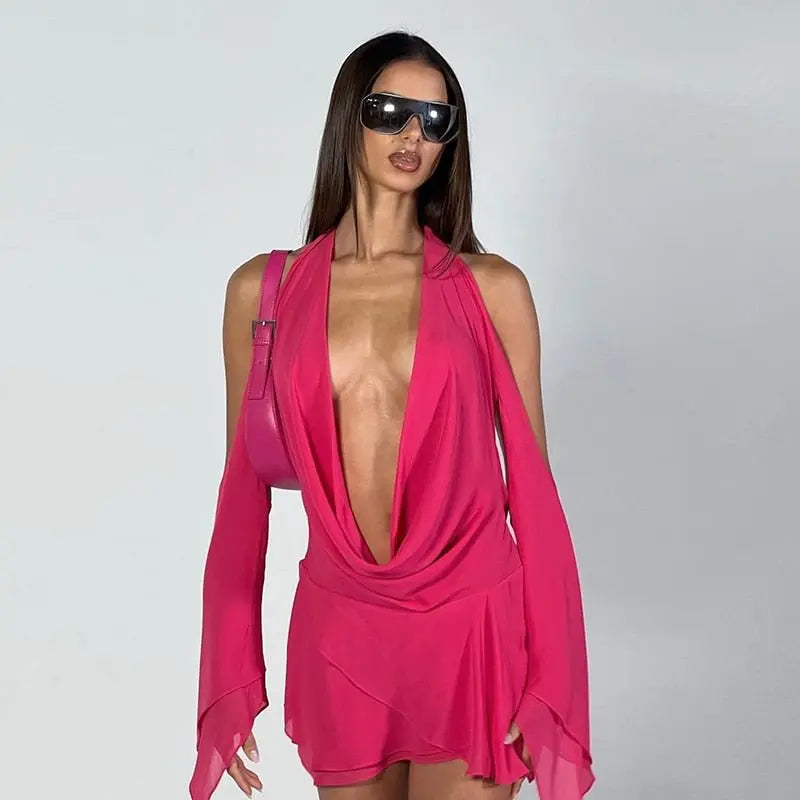 Halter Long Sleeves Irregular Draped Mini Dress - Blade & Thread