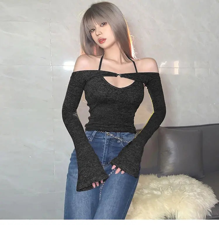 Halter Strapless T-shirt Women Sweet Sexy Off The Shoulder T-shirts Slim Two Piece Tops Woman - Blade & Thread