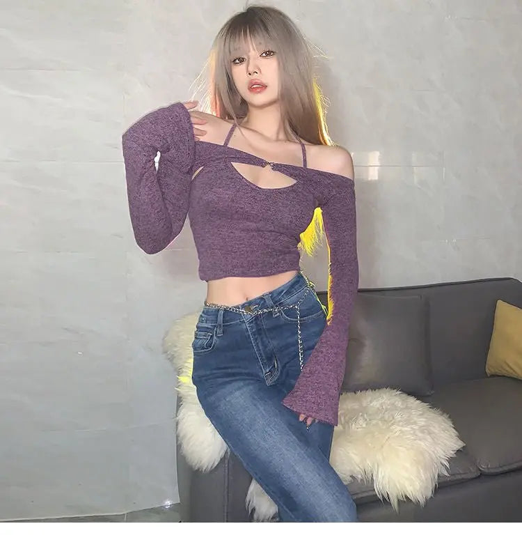 Halter Strapless T-shirt Women Sweet Sexy Off The Shoulder T-shirts Slim Two Piece Tops Woman - Blade & Thread