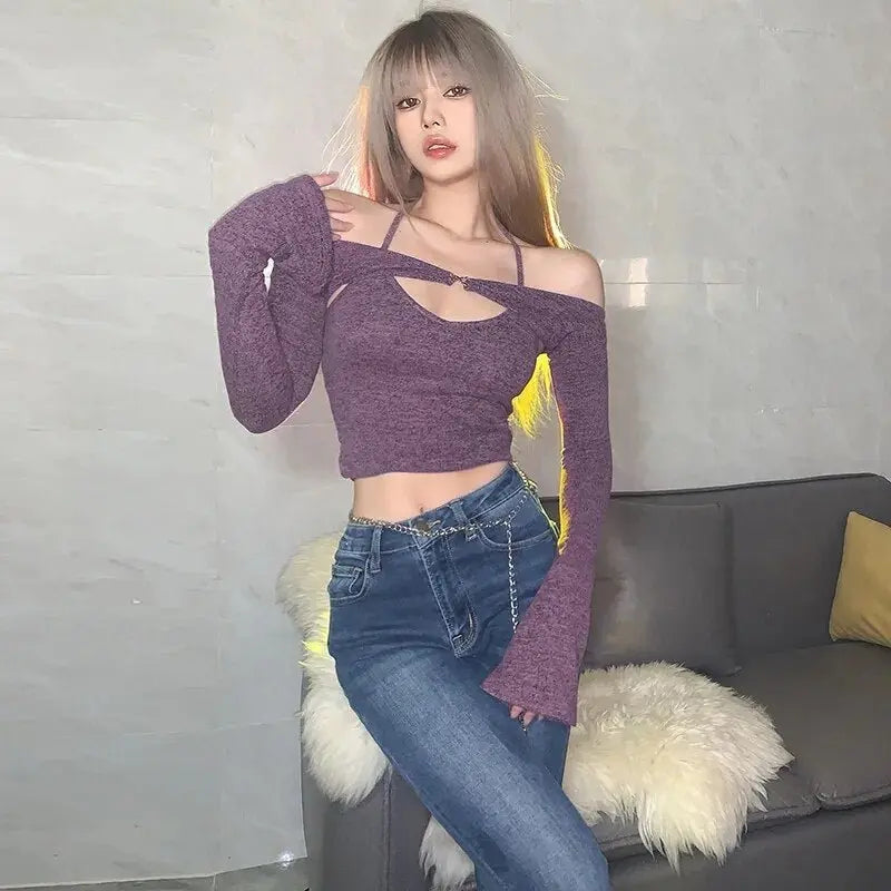 Halter Strapless T-shirt Women Sweet Sexy Off The Shoulder T-shirts Slim Two Piece Tops Woman - Blade & Thread