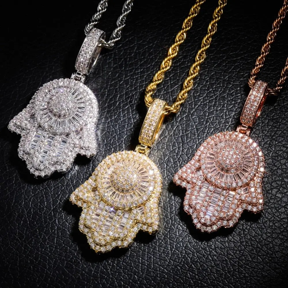 Hand Pendant Necklace With Tennis Chain Cuban chain Gold Silver Color Iced Out Hip Hop Rock Jewelry - Blade & Thread