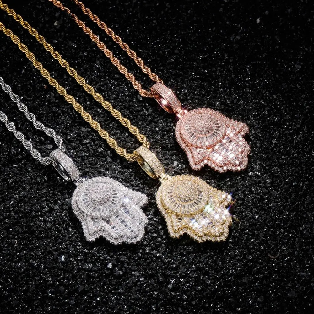 Hand Pendant Necklace With Tennis Chain Cuban chain Gold Silver Color Iced Out Hip Hop Rock Jewelry - Blade & Thread