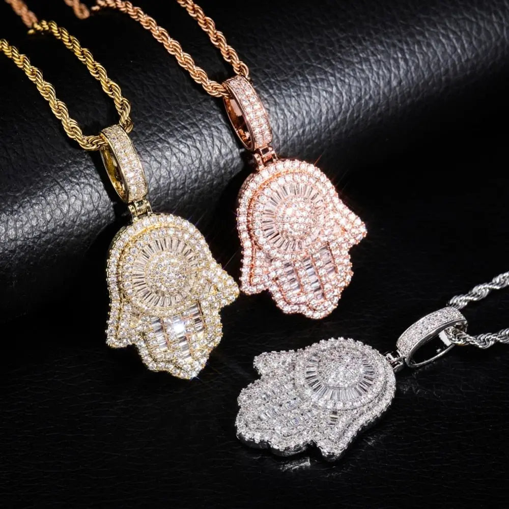 Hand Pendant Necklace With Tennis Chain Cuban chain Gold Silver Color Iced Out Hip Hop Rock Jewelry nowadaysfashion