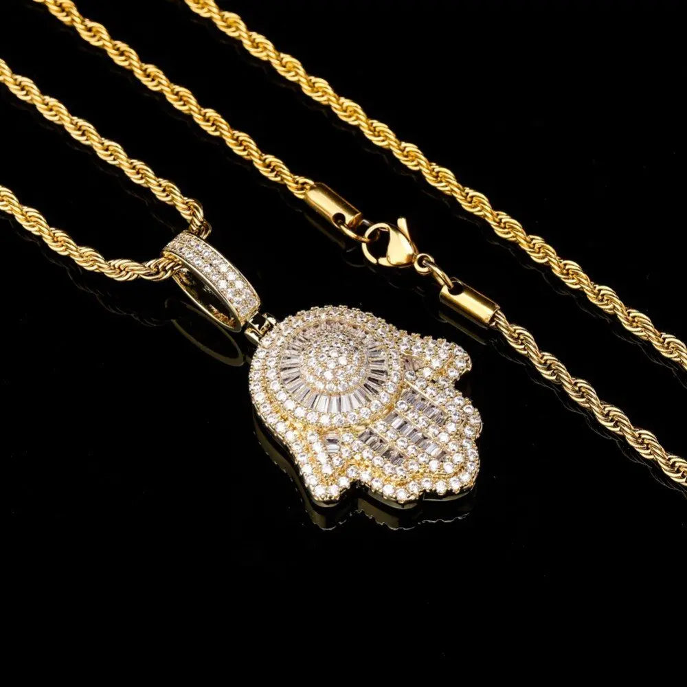 Hand Pendant Necklace With Tennis Chain Cuban chain Gold Silver Color Iced Out Hip Hop Rock Jewelry - Blade & Thread