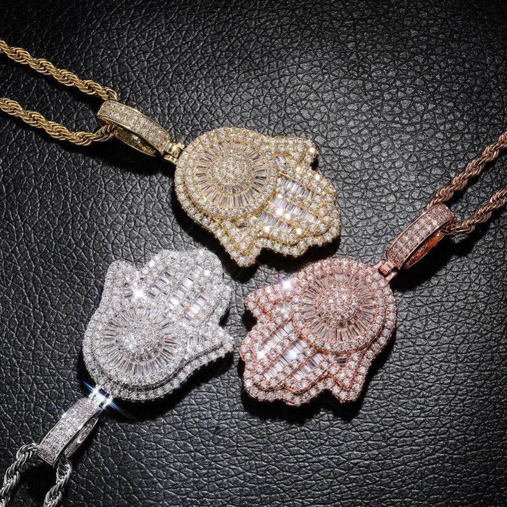 Hand Pendant Necklace With Tennis Chain Cuban chain Gold Silver Color Iced Out Hip Hop Rock Jewelry nowadaysfashion
