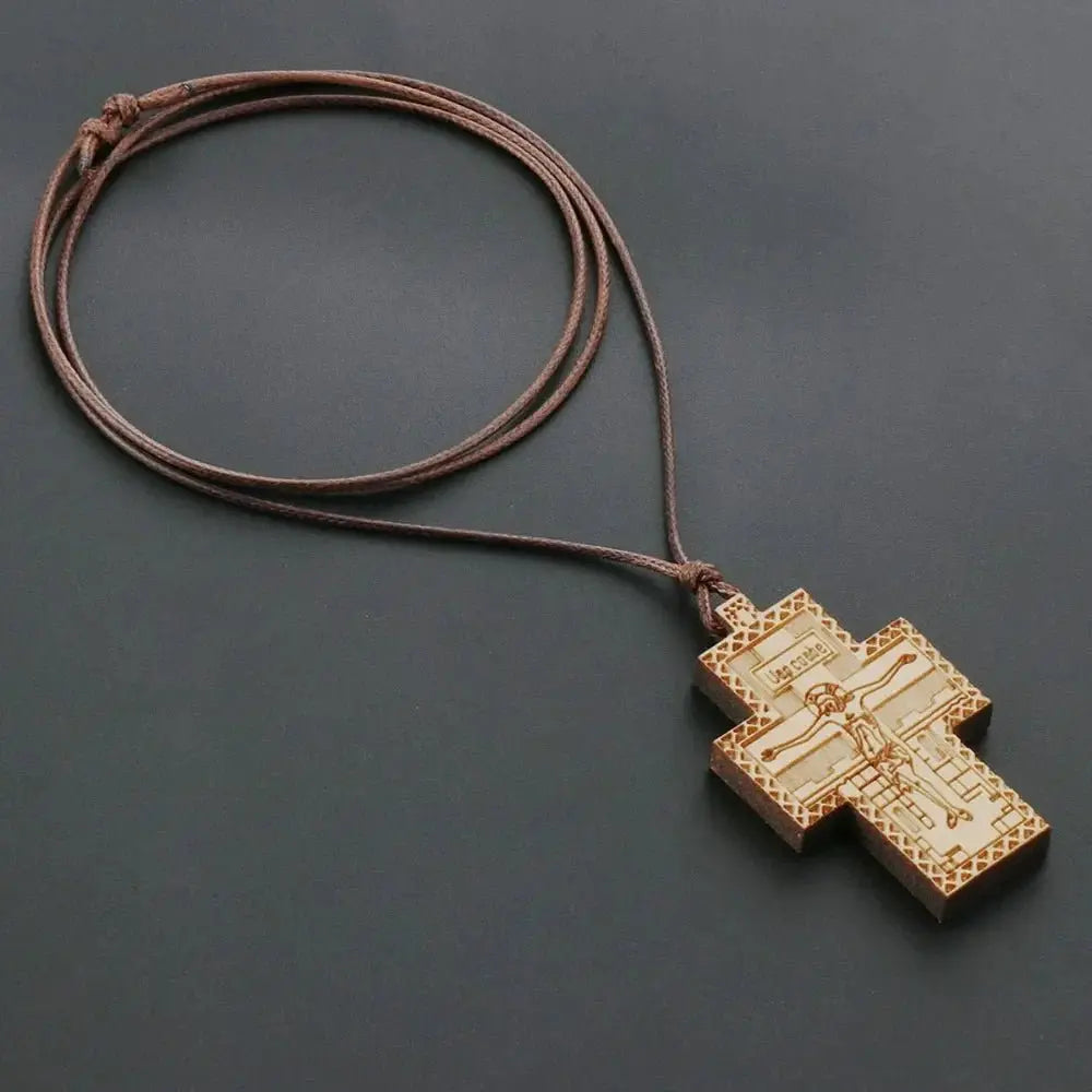 Handmade Rope Chain Necklace Wood Orthodox Cross Pendant Necklace nowadaysfashion