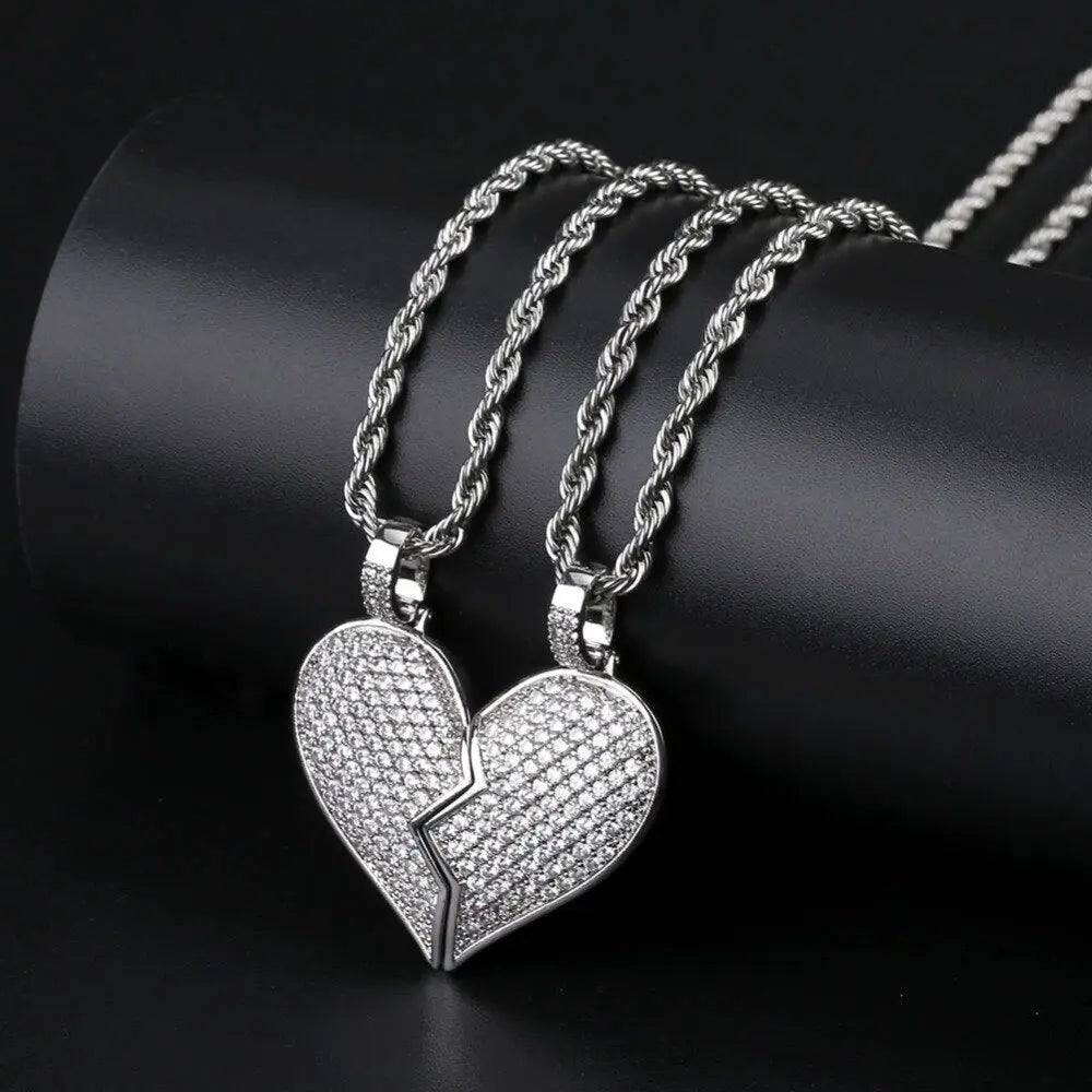 Heart Broken With Magnet Iced Out Pendant Necklace Mens/Women Hip Hop Gold Silver Color Jewelry - Blade & Thread