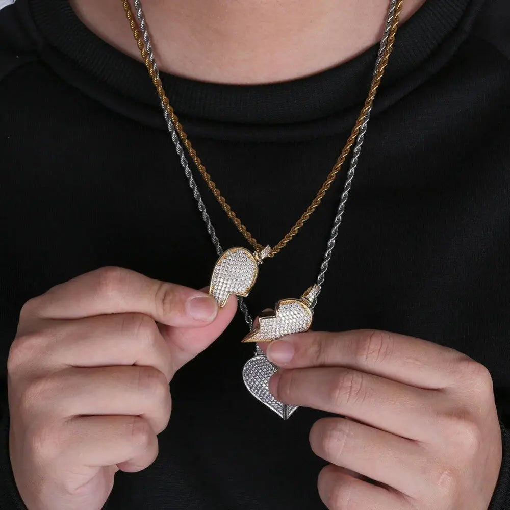 Heart Broken With Magnet Iced Out Pendant Necklace Mens/Women Hip Hop Gold Silver Color Jewelry nowadaysfashion