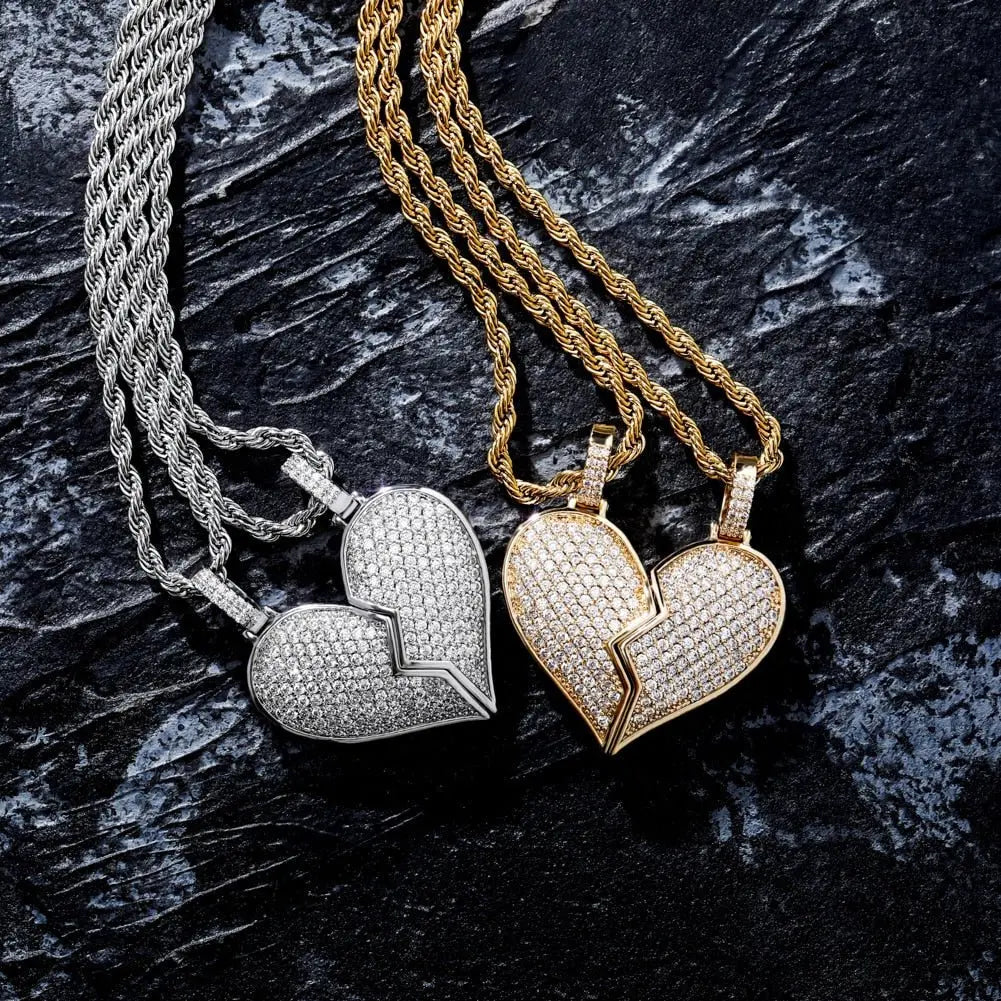 Heart Broken With Magnet Iced Out Pendant Necklace Mens/Women Hip Hop Gold Silver Color Jewelry - Blade & Thread