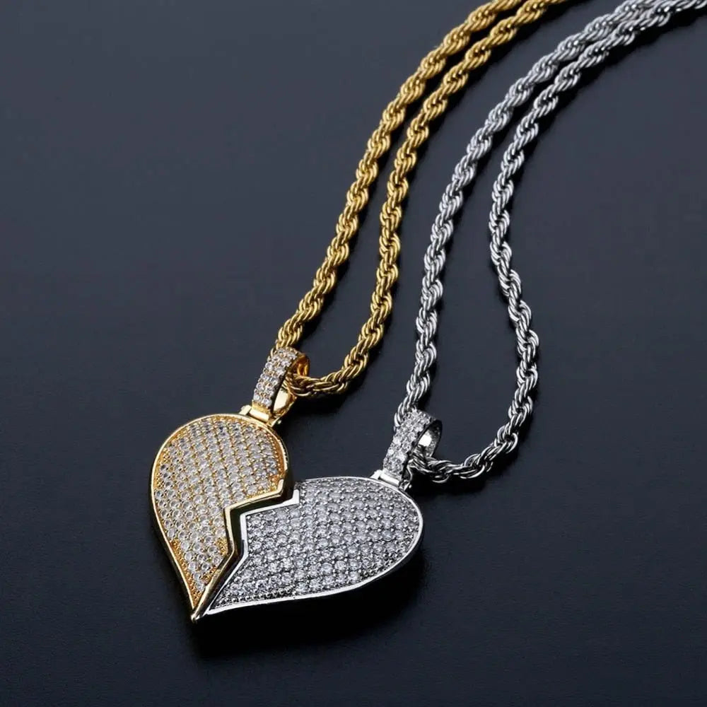 Heart Broken With Magnet Iced Out Pendant Necklace Mens/Women Hip Hop Gold Silver Color Jewelry - Blade & Thread