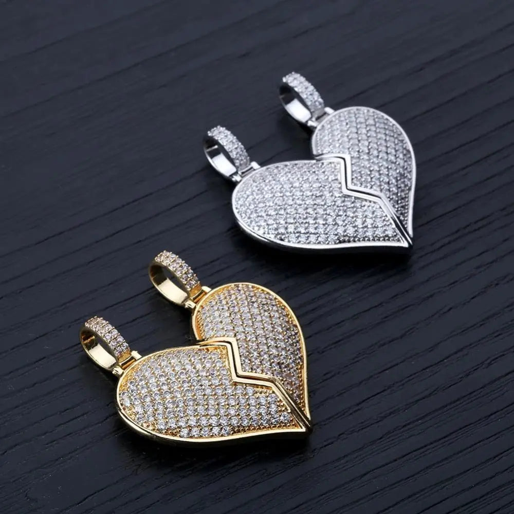 Heart Broken With Magnet Iced Out Pendant Necklace Mens/Women Hip Hop Gold Silver Color Jewelry - Blade & Thread