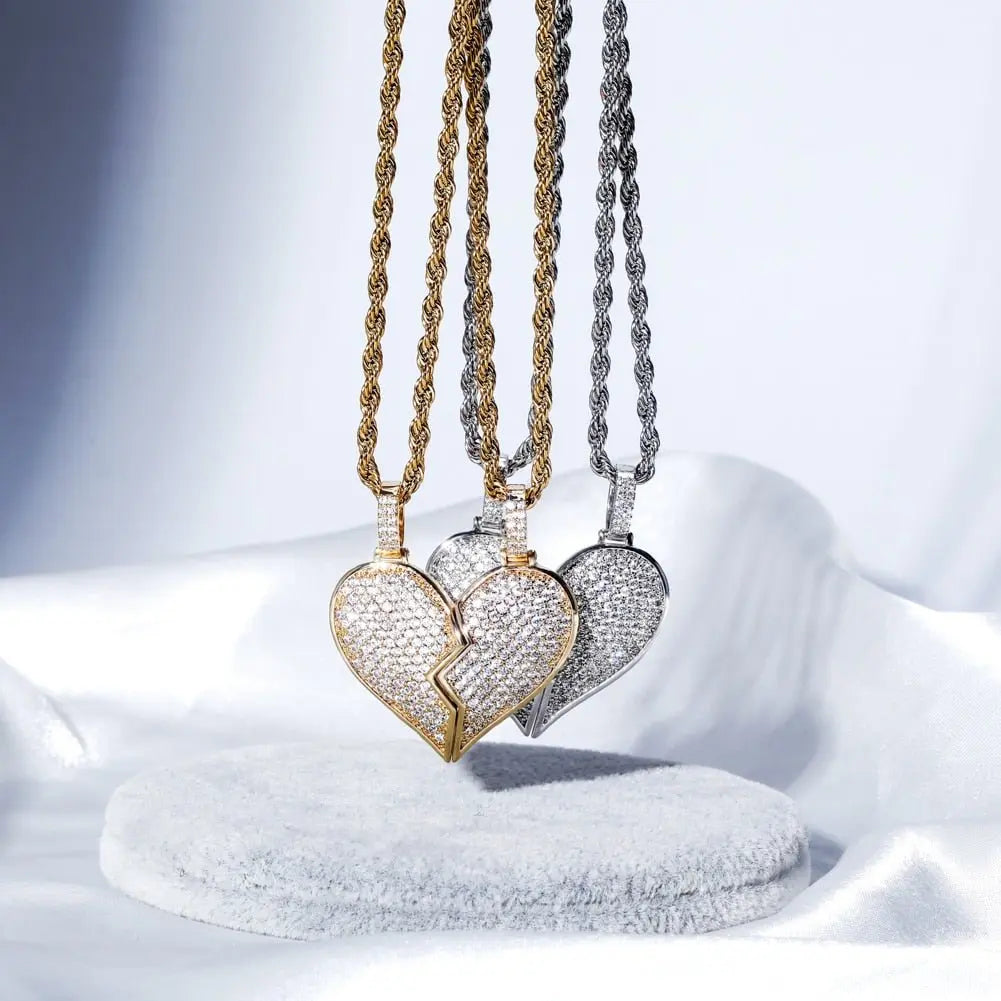 Heart Broken With Magnet Iced Out Pendant Necklace Mens/Women Hip Hop Gold Silver Color Jewelry nowadaysfashion