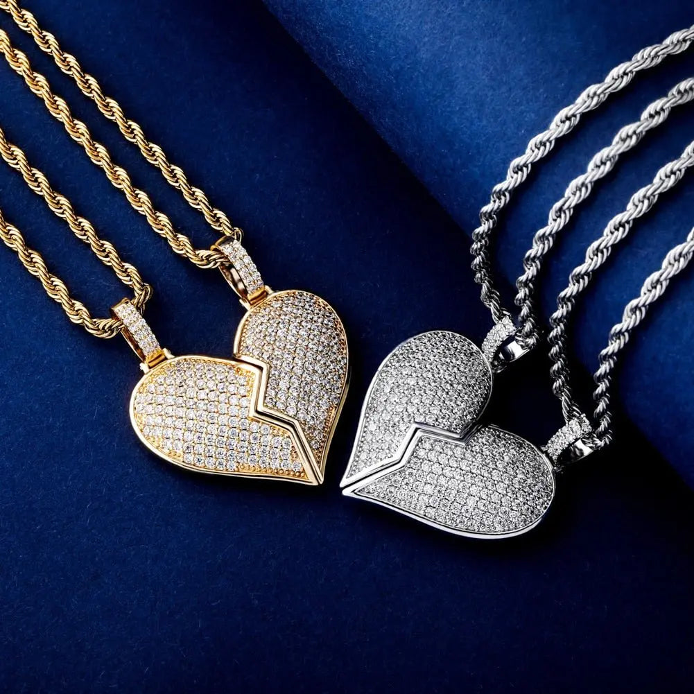 Heart Broken With Magnet Iced Out Pendant Necklace Mens/Women Hip Hop Gold Silver Color Jewelry - Blade & Thread